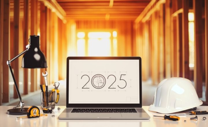 A laptop screen beside a construction helmet saying '2025'