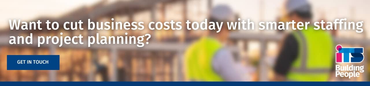 Construction professionals discussing staffing and planning strategies to cut business costs behind a caption reading 'Want to cut business costs today with smarter staffing and project planning?'