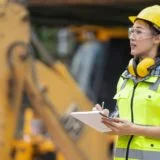 A young woman on a construction site in a hi vis, hard hat, and ear protectors uses a clipboard