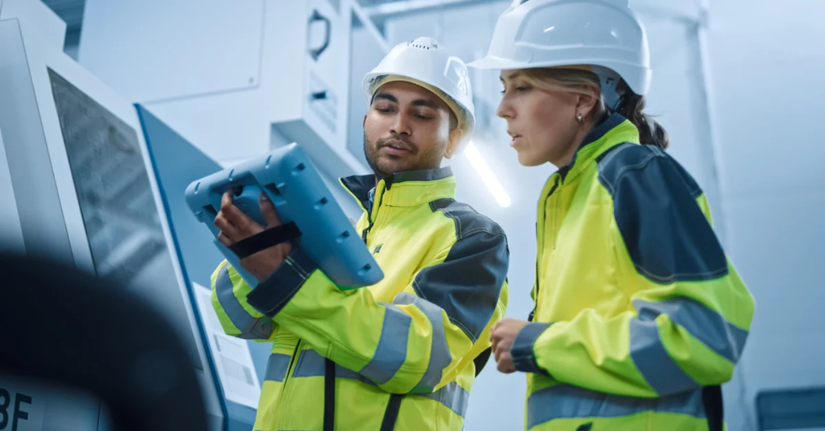 Two construction workers using a tablet together