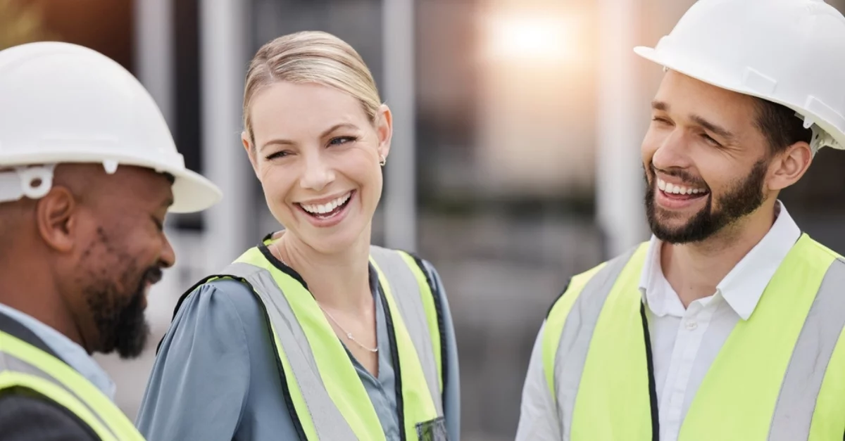 A diverse team of construction workers chatting outside