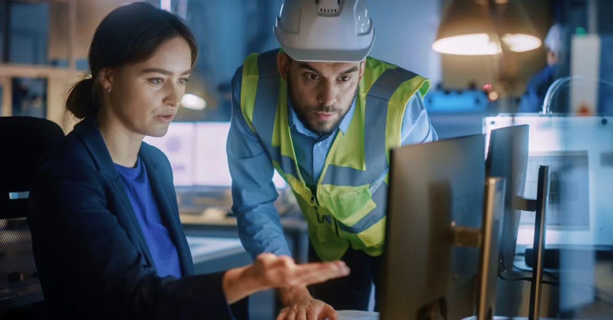 A female construction manager offers guidance to a construction worker