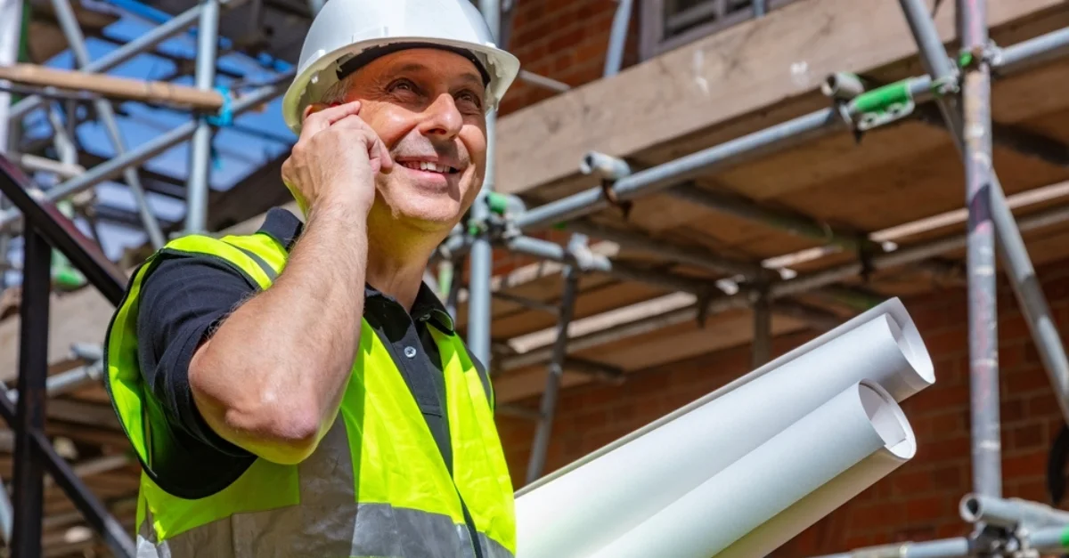 A construction worker outside beside some scaffolding