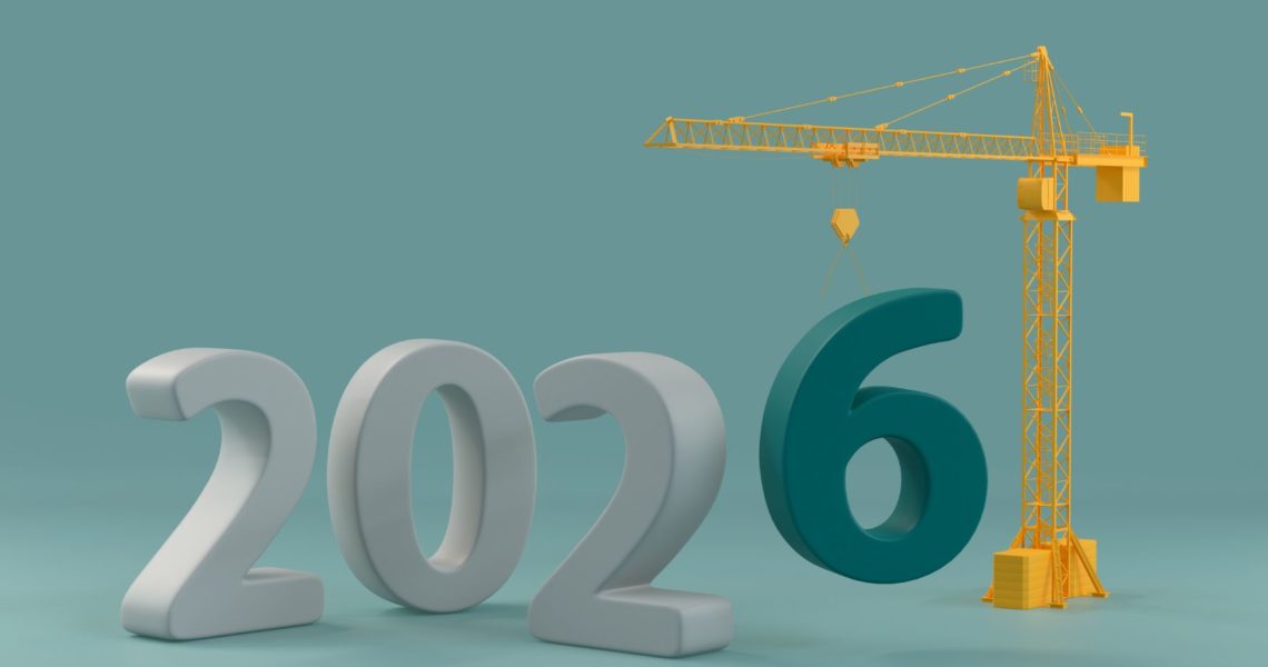 How the Autumn Budget Affects Construction Hiring: A 3D render of the year 2026 in large white numbers, with a yellow tower crane lowering a dark teal number 6 into place against a soft teal background.