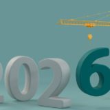 How the Autumn Budget Affects Construction Hiring: A 3D render of the year 2026 in large white numbers, with a yellow tower crane lowering a dark teal number 6 into place against a soft teal background.
