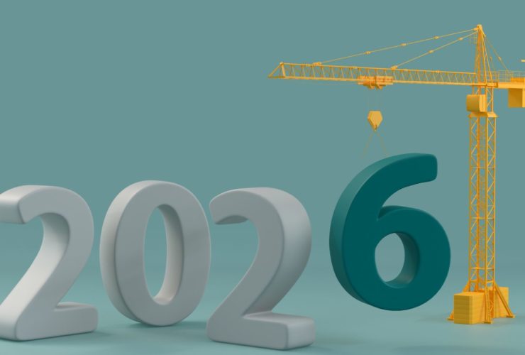 How the Autumn Budget Affects Construction Hiring: A 3D render of the year 2026 in large white numbers, with a yellow tower crane lowering a dark teal number 6 into place against a soft teal background.