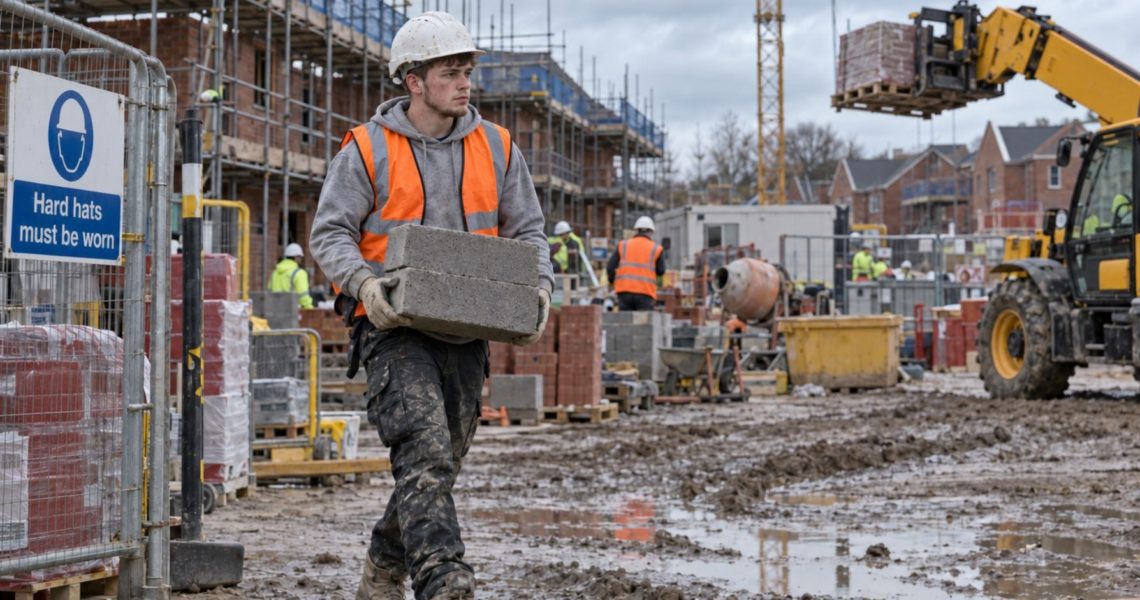 Getting Into Construction With No Experience: Young labourer in hi-vis and hard hat carrying concrete blocks across a muddy housing development site with scaffolding and a telehandler.