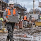 Getting Into Construction With No Experience: Young labourer in hi-vis and hard hat carrying concrete blocks across a muddy housing development site with scaffolding and a telehandler.