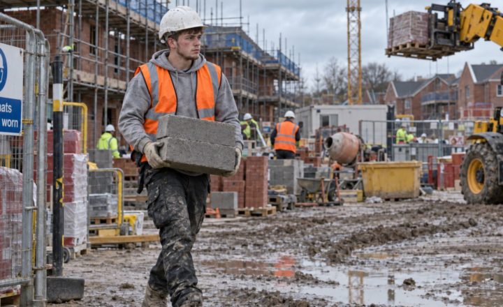 Getting Into Construction With No Experience: Young labourer in hi-vis and hard hat carrying concrete blocks across a muddy housing development site with scaffolding and a telehandler.