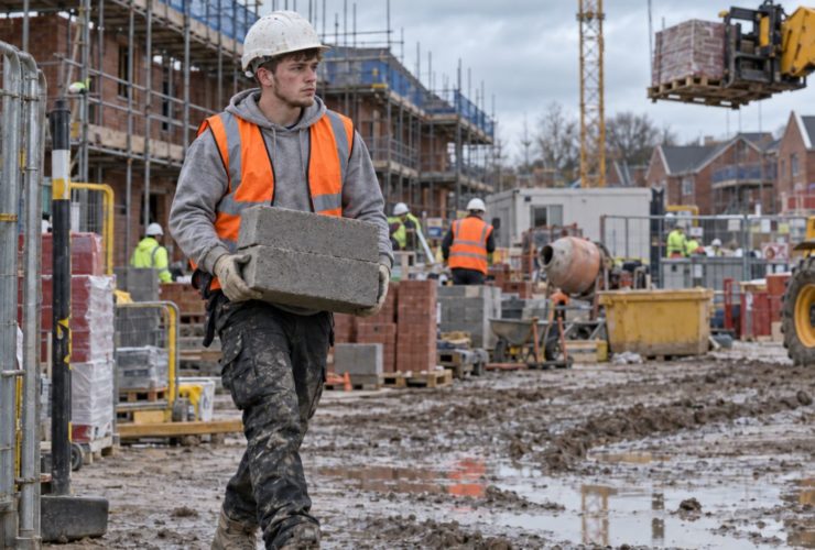 Getting Into Construction With No Experience: Young labourer in hi-vis and hard hat carrying concrete blocks across a muddy housing development site with scaffolding and a telehandler.