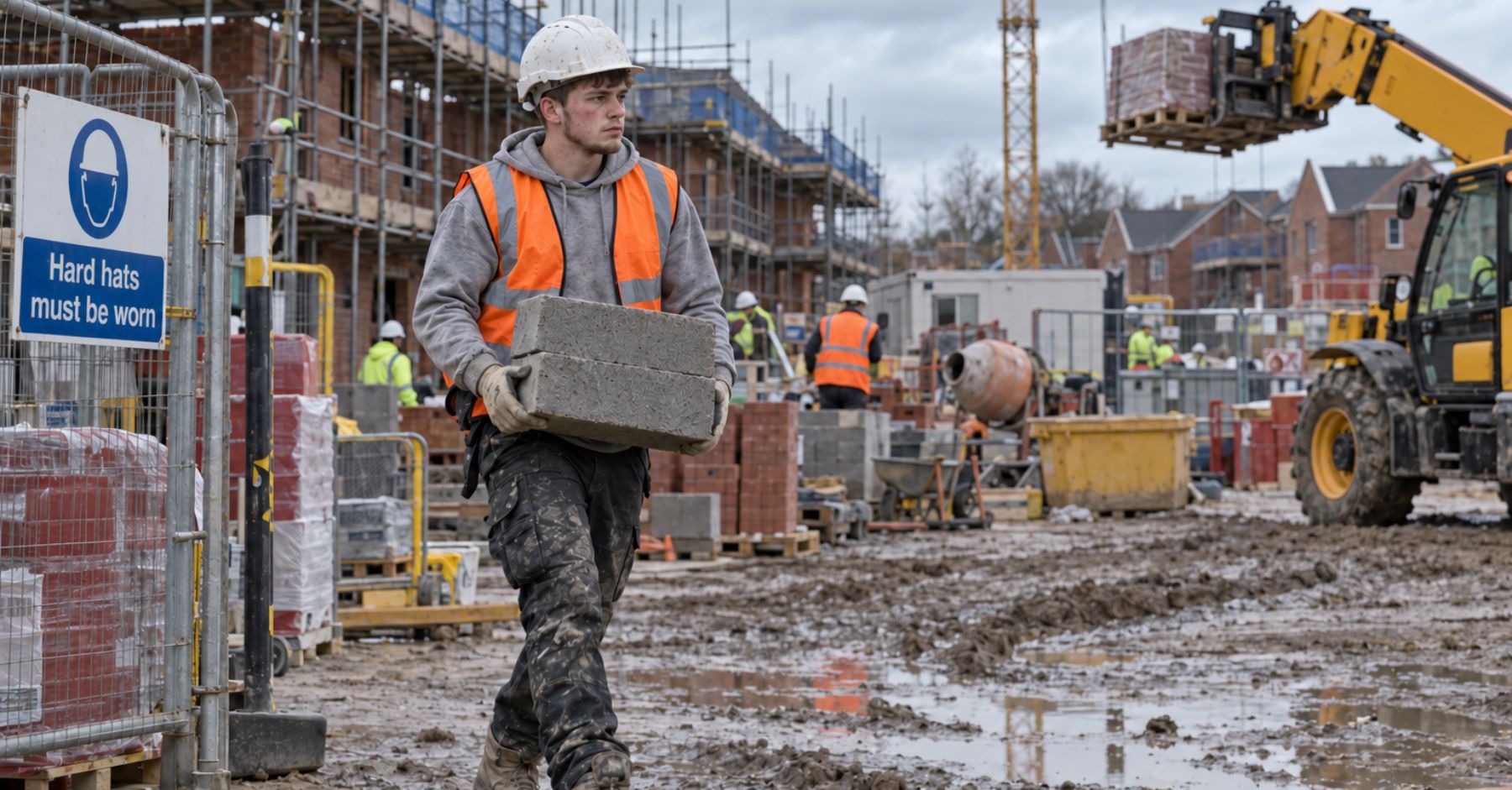 Getting Into Construction With No Experience: Young labourer in hi-vis and hard hat carrying concrete blocks across a muddy housing development site with scaffolding and a telehandler.