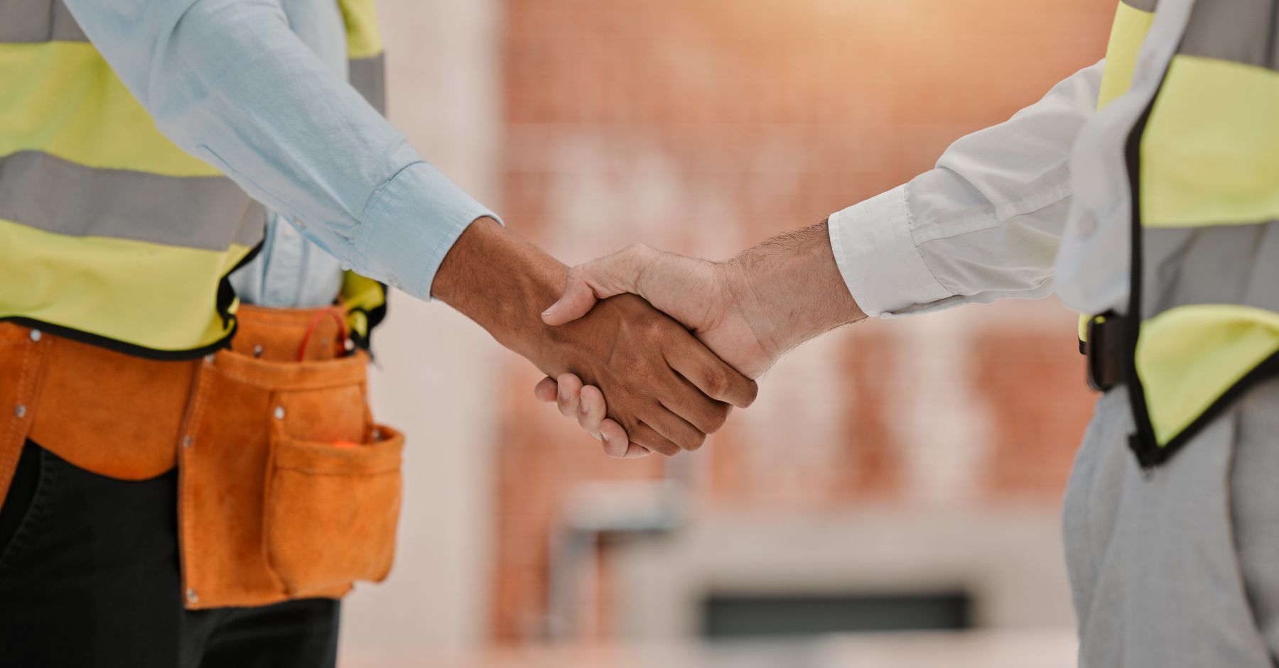 How to Get a CSCS Card: Close-up of two construction workers in hi-vis vests shaking hands on site.
