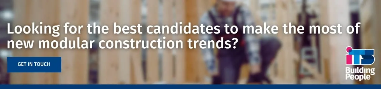 Recruitment advert highlighting modular construction jobs with a CTA for building site candidates.