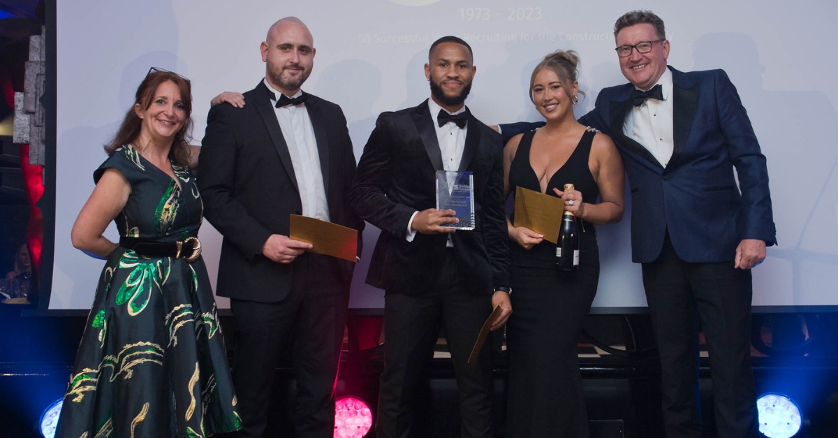 Most Improved (left to right): Lucy Porter (Compère), David Hughes, (Aylesbury), Iffy Ezeani (Midlands), Lauren Huxstep (Cheltenham), Chris Jobson (Presenting Award)