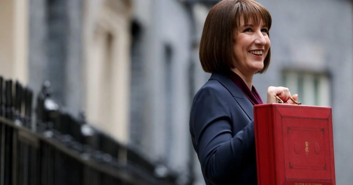 Rachel Reeves, the Chancellor, holding her red box announcing the budget