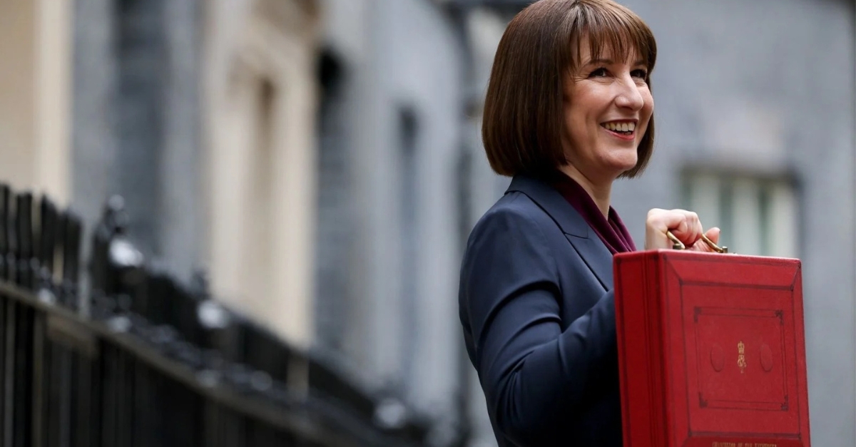 Rachel Reeves, the Chancellor, holding her red box announcing the budget