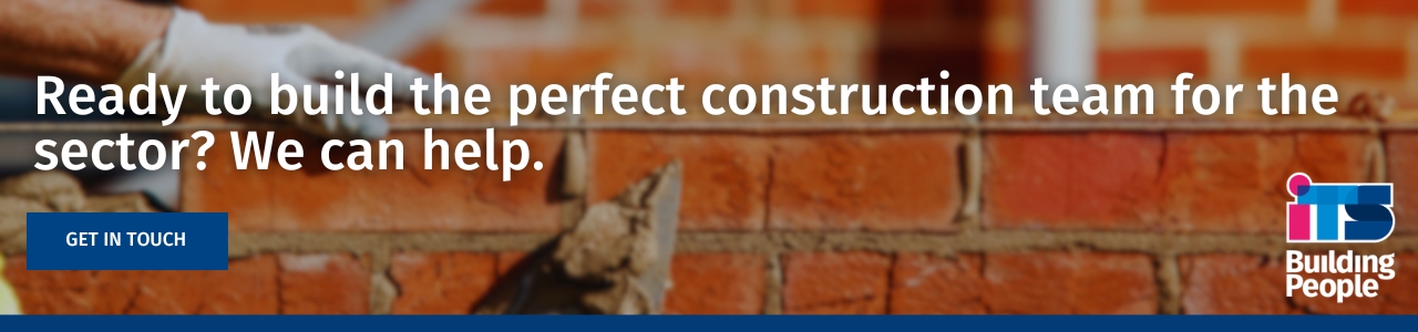 Ready to build the perfect construction team for the sector We can help. – Recruitment banner showing brickwork background promoting construction staffing support.