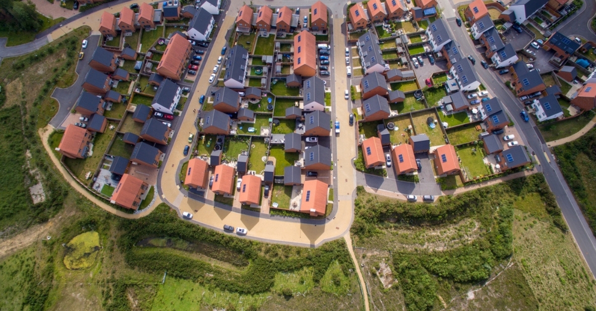 An aerial shot of a british estate of newly built houses