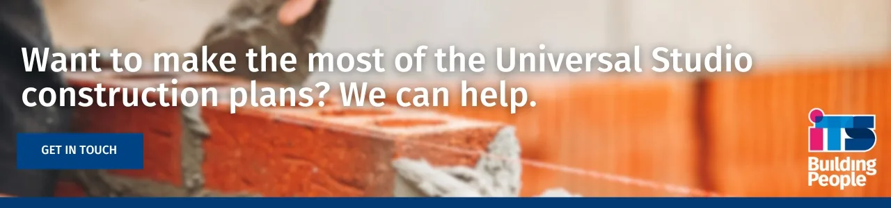 A construction-themed banner showing a bricklayer applying mortar to a wall, overlaid with text promoting construction services related to the Universal Studios Bedfordshire development, alongside the ITS Building People logo and a “Get in Touch” button.