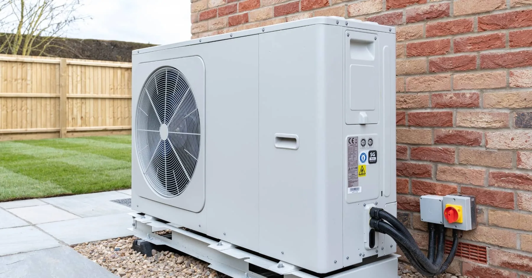 Outdoor air source heat pump unit installed beside a brick house, connected to power supply, with a fenced garden and lawn in the background.