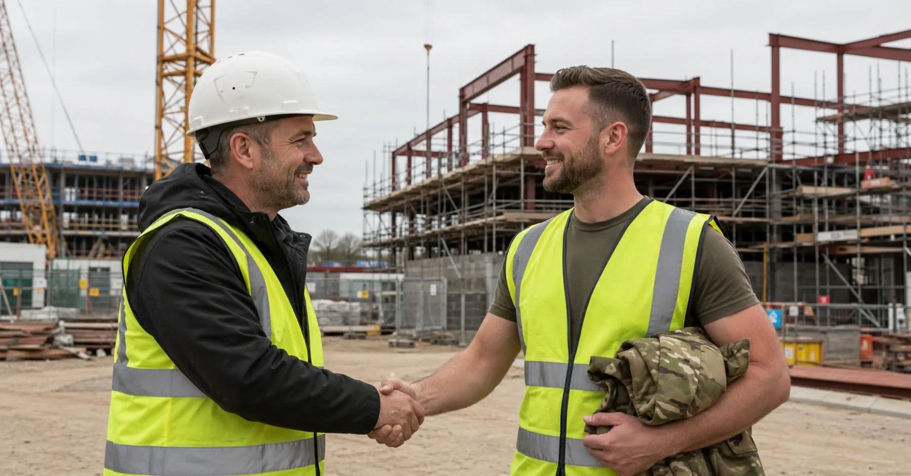 construction recruitment skills shortage: A construction site manager in a hard hat and hi-vis jacket shaking hands with a smiling ex-military recruit holding a camouflage jacket, with a steel-framed building under construction in the background.