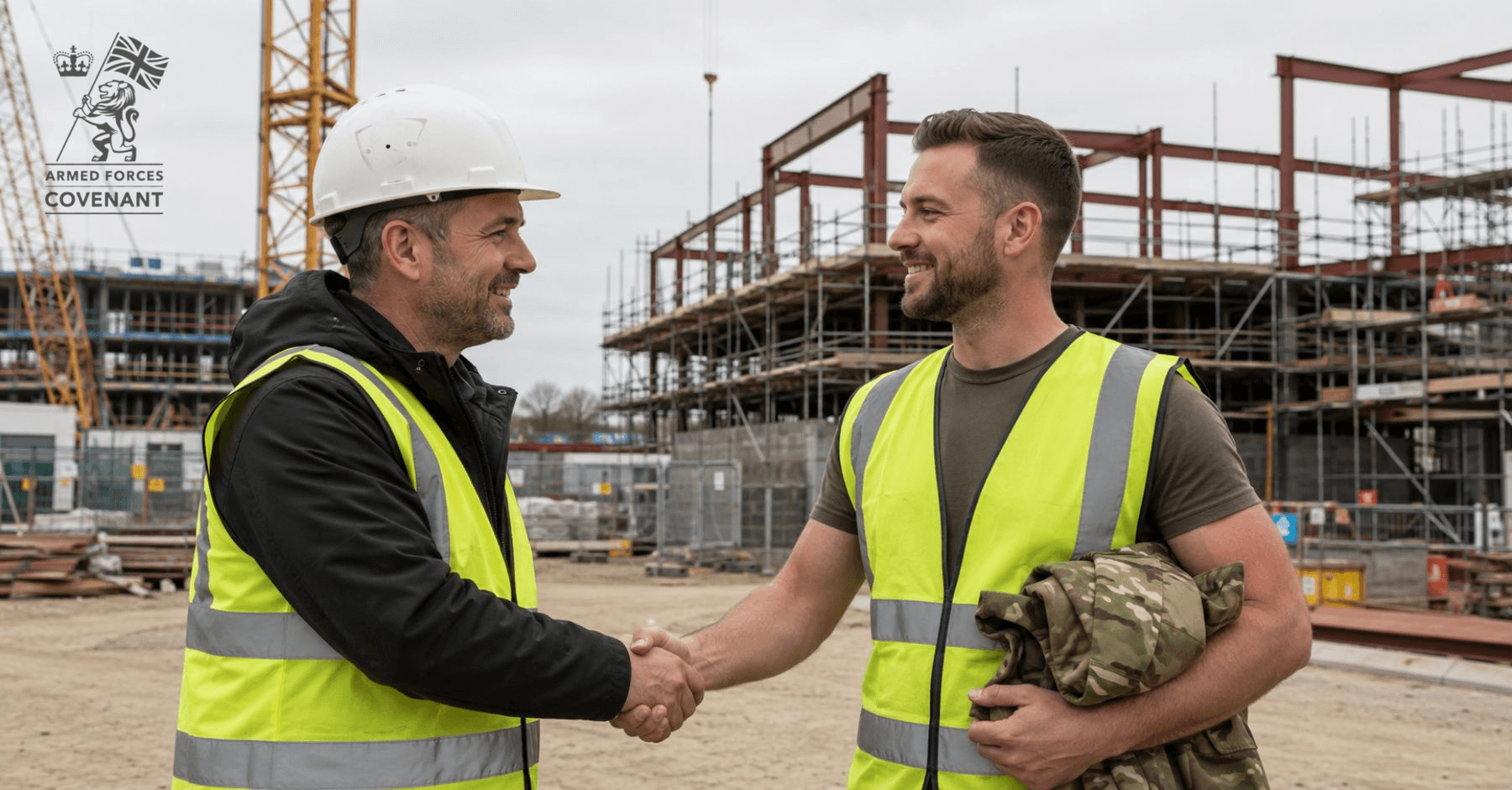 construction recruitment ex-military: A construction site manager in a hard hat and hi-vis jacket shaking hands with a smiling ex-military recruit holding a camouflage jacket, with a steel-framed building under construction in the background and the Armed Forces Covenant logo in the top left corner.