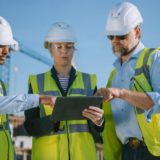 A diverse team of construction workers using a tablet outside.