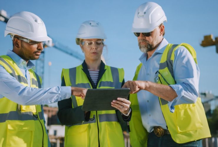 A diverse team of construction workers using a tablet outside.