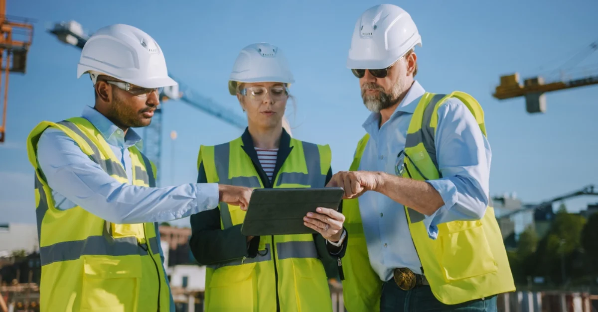 A diverse team of construction workers using a tablet outside.