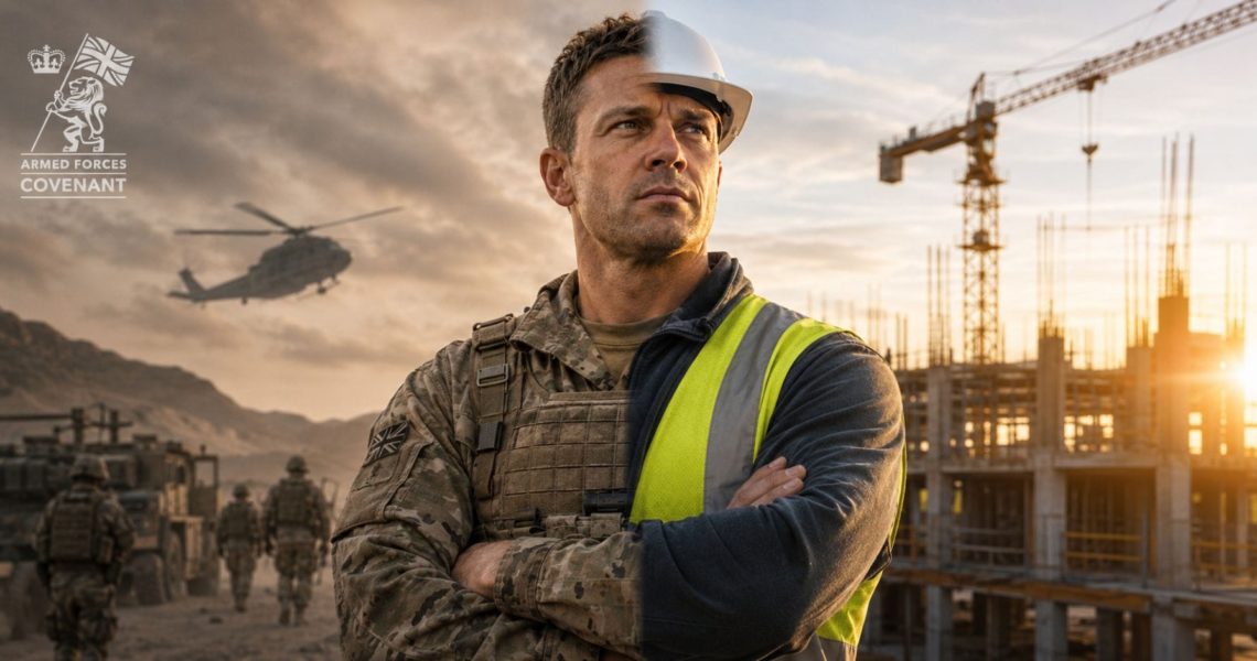 hiring ex-military for construction: A split image showing a man as a soldier in combat gear on one side and as a construction worker in a hard hat and hi-vis vest on the other, symbolising the transition from military to construction careers, with the Armed Forces Covenant logo.