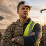hiring ex-military for construction: A split image showing a man as a soldier in combat gear on one side and as a construction worker in a hard hat and hi-vis vest on the other, symbolising the transition from military to construction careers, with the Armed Forces Covenant logo.