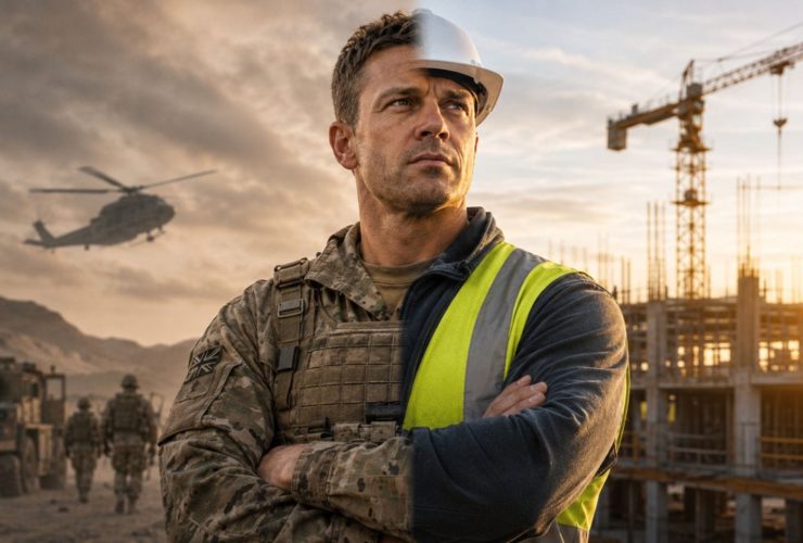 hiring ex-military for construction: A split image showing a man as a soldier in combat gear on one side and as a construction worker in a hard hat and hi-vis vest on the other, symbolising the transition from military to construction careers, with the Armed Forces Covenant logo.