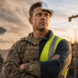 hiring ex military: A split image showing a man as a soldier in combat gear on one side and as a construction worker in a hard hat and hi-vis vest on the other, symbolising the transition from military to construction careers, set against a desert backdrop with a helicopter and a construction site under a sunset sky.