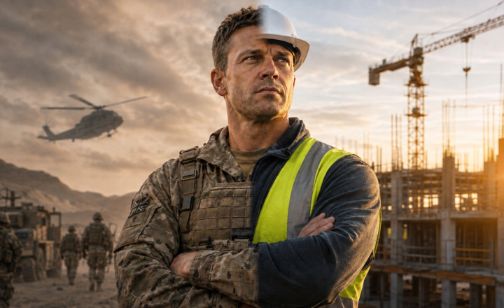 hiring ex military: A split image showing a man as a soldier in combat gear on one side and as a construction worker in a hard hat and hi-vis vest on the other, symbolising the transition from military to construction careers, set against a desert backdrop with a helicopter and a construction site under a sunset sky.