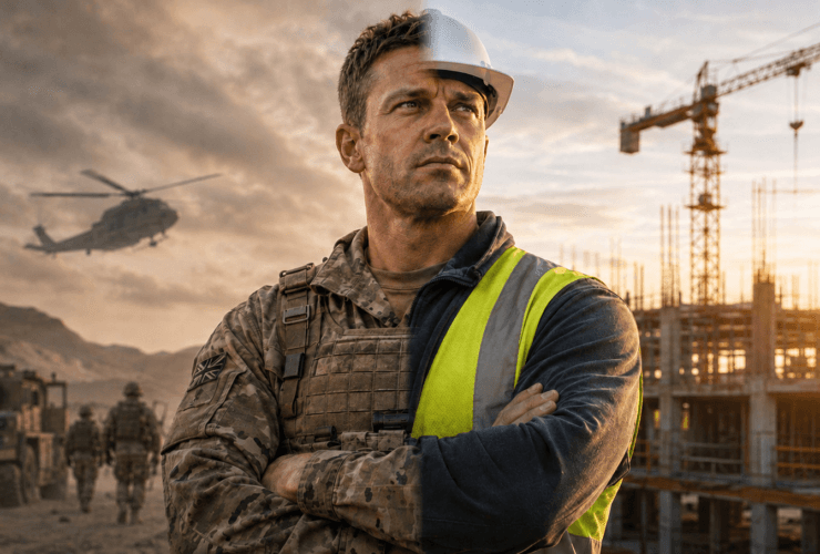hiring ex military: A split image showing a man as a soldier in combat gear on one side and as a construction worker in a hard hat and hi-vis vest on the other, symbolising the transition from military to construction careers, set against a desert backdrop with a helicopter and a construction site under a sunset sky.