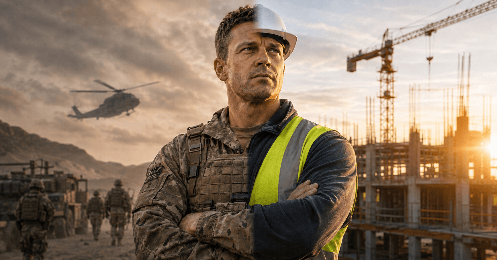 hiring ex military: A split image showing a man as a soldier in combat gear on one side and as a construction worker in a hard hat and hi-vis vest on the other, symbolising the transition from military to construction careers, set against a desert backdrop with a helicopter and a construction site under a sunset sky.