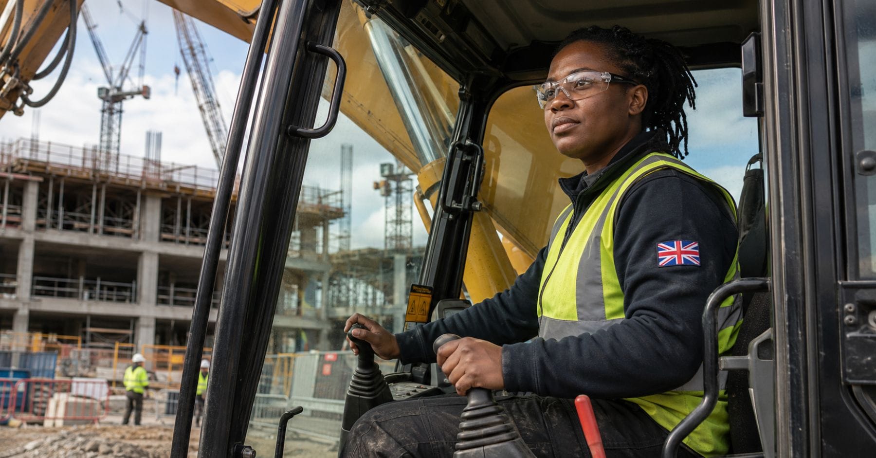 skilled construction workers: A female construction worker wearing safety glasses and a hi-vis vest with a Union Jack patch operating the controls inside an excavator cab on a busy construction site.